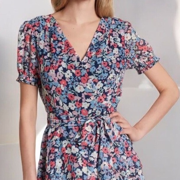 Tahari Womens Navy Vneck Short Sleeve Tiered Multicolor Surplice Dress - size 6 - Picture 2 of 4